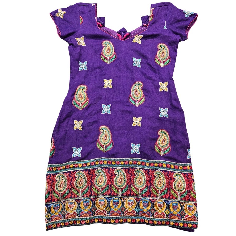 Purple Embroidered Paisley Tunic Top Short Dress V-Neck Short Sleeve Boho